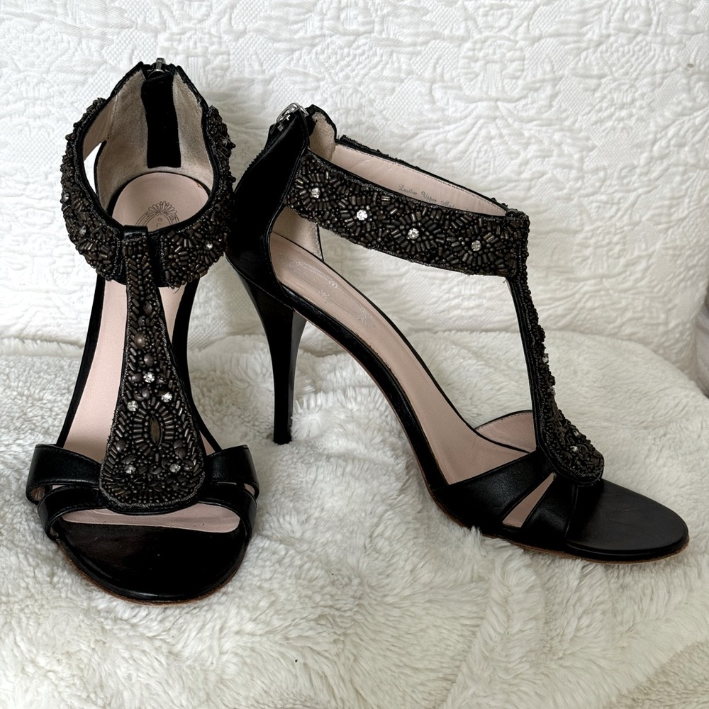 Elie Tahari Black Leather & Beautifully Bejeweled High-heel Leather Sandals!